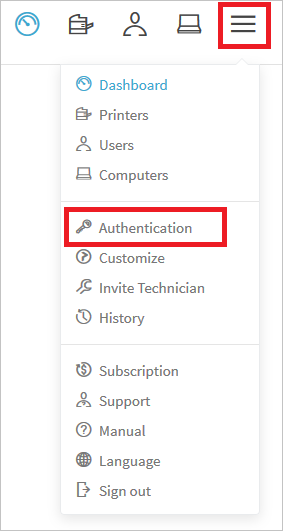 Screenshot shows Authentication selected from the menu.