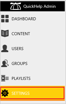 Screenshot shows Settings selected from the QuickHelp Admin menu