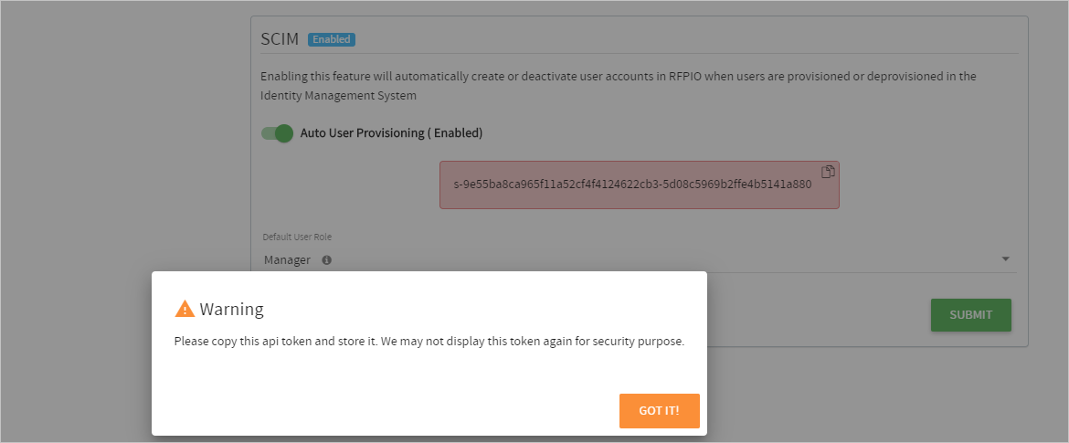 Screenshot of the S C I M section with the Warning dialog box that appears after you select SUBMIT.