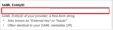 Screenshot shows where you can enter a SAML Entity I D.