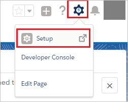 Screenshot that shows the "Settings" icon in the top-right selected, and "Setup" selected from the drop-down.