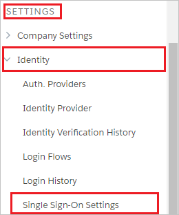 Screenshot that shows the "Settings" menu in the left pane, with "Single Sign-On Settings" selected from the "Identity" menu.