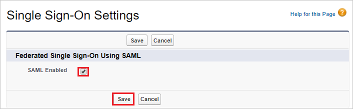 Screenshot that shows the "Single Sign-On Settings" page with the "S A M L Enabled" checkbox selected and the "Save" button selected.