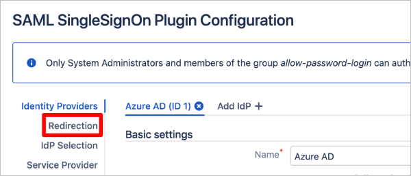 Partial screenshot of the Jira SAML SingleSignOn Plugin Configuration page highlighting the Redirection link in the left navigation.