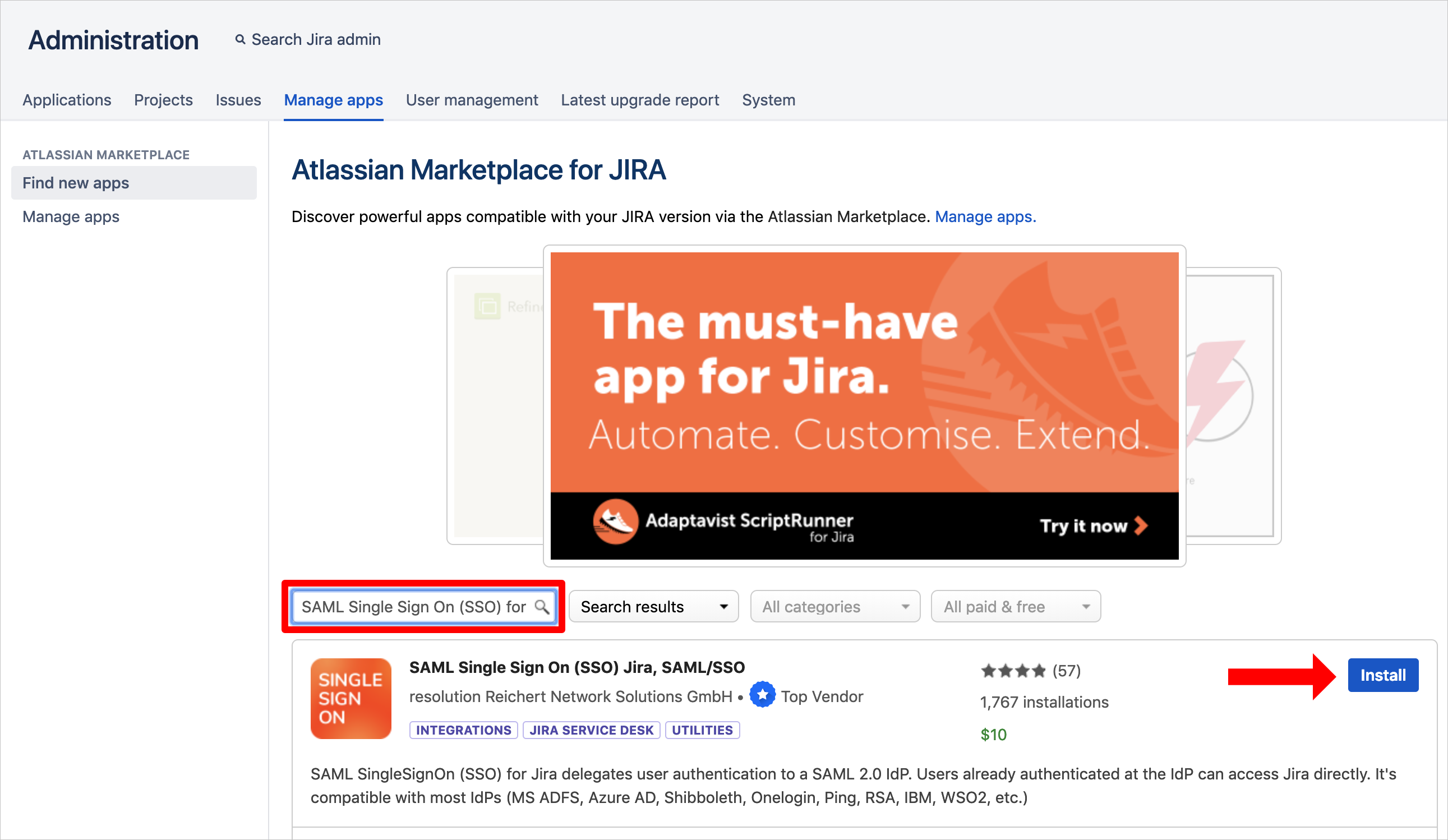 Screenshot that shows the "Atlassian Marketplace for JIRA" page with an arrow pointing at the "Install" button for the "S A M L Single Sign On (S S O) Jira, S A M L/S S O" app.
