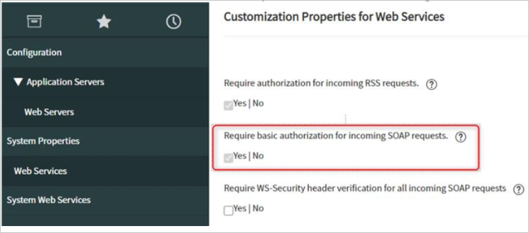 Screenshot that shows the option for authorizing SOAP requests.