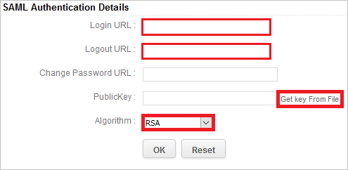 Screenshot shows the SAML Authentication Details dialog box where you can enter the values described.
