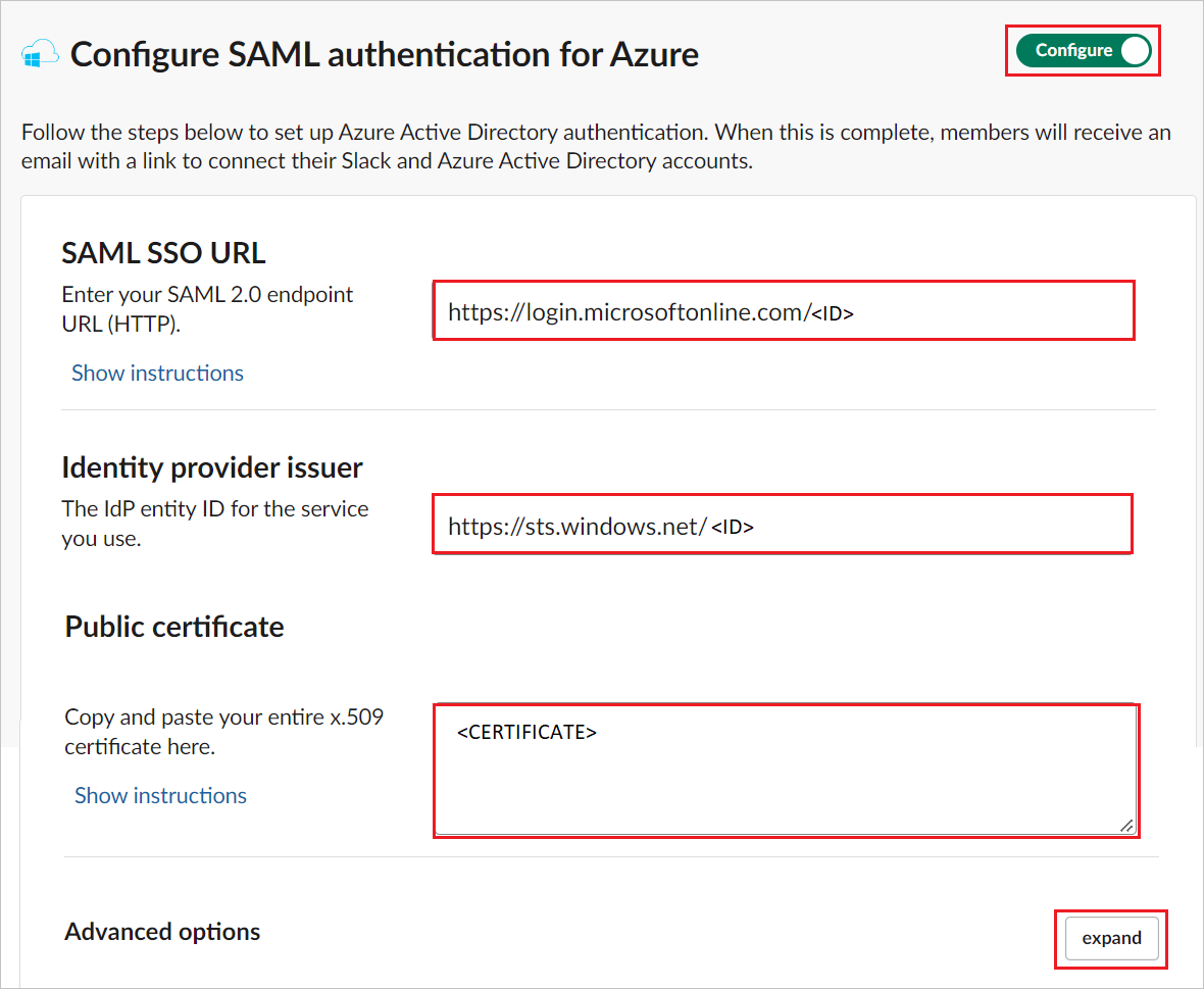Screenshot of Configure single sign-on On SAML Authentication Settings.