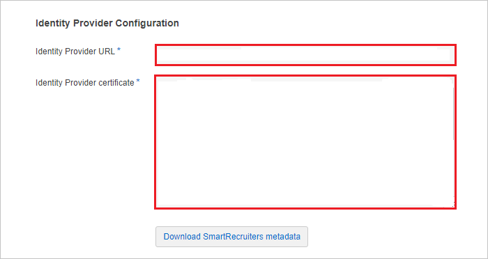 Screenshot shows Identity Provider Configuration where you can enter the values described.