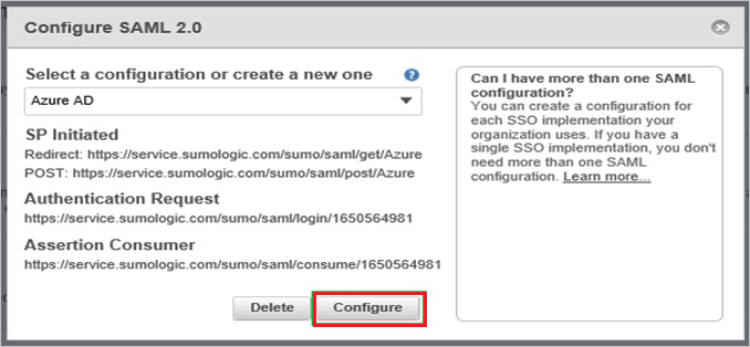 Screenshot shows Configure SAML 2.0 where you can select Microsoft Entra ID.