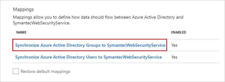Screenshot of the Mappings section with the Synchronize Microsoft Entra groups to Symantec Web Security Service W S S option called out.