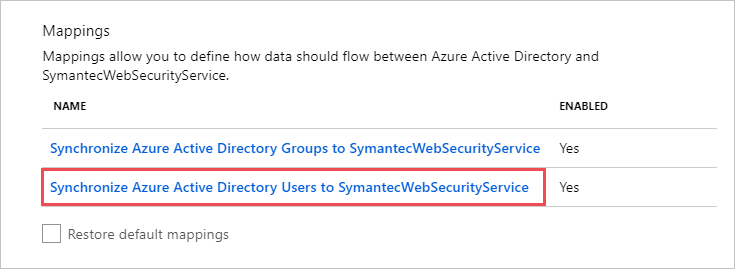 Screenshot of the Mappings section with the Synchronize Microsoft Entra users to Symantec Web Security Service W S S option called out.