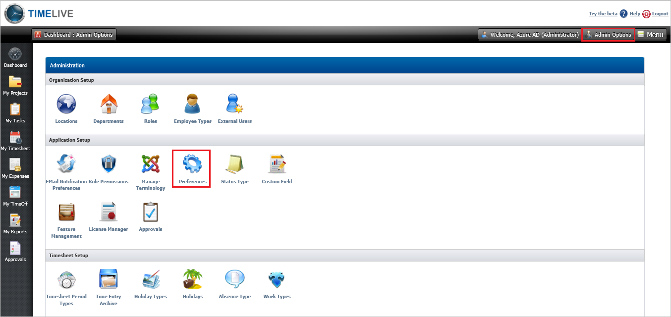 Screenshot shows the Admin Options with Preferences selected.