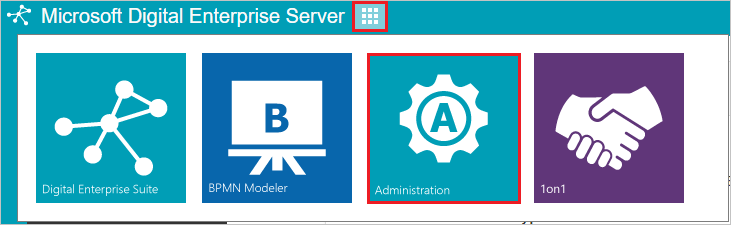 Screenshot shows the Administration icon in Microsoft Digital Enterprise Server.