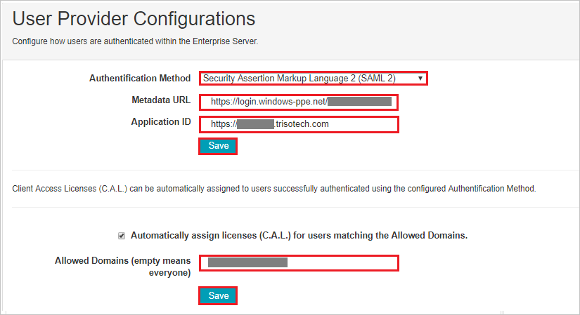 Screenshot shows the User Provider Configurations where you can enter the values described.