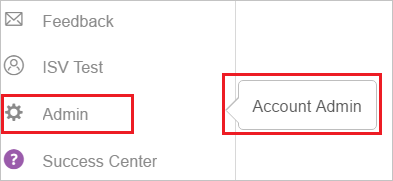 Screenshot shows Account Admin selected from the Admin menu.