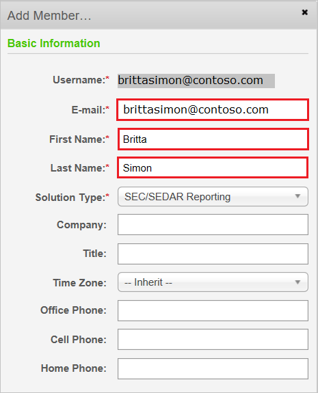 Screenshot shows the Add Member dialog box where you can add Basic Information for a user.
