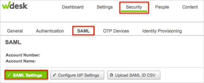Screenshot shows SAML Settings selected from the SAML tab.