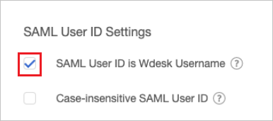 Screenshot shows SAML User I D Settings where you can select SAML User I D is W desk Username.