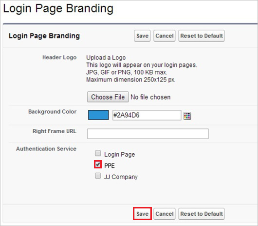 Screenshot shows Login Page Branding where you can select the name of your setting, which is P P E.