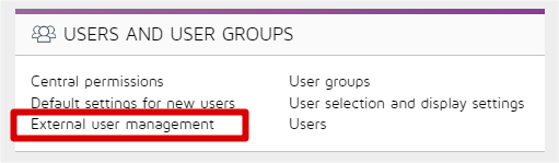 Screenshot showing the Zenya Users and Groups page with the External user management link highlighted.
