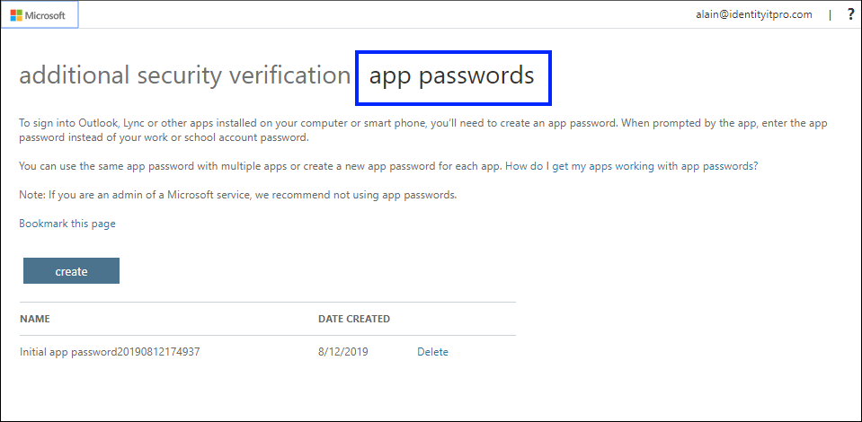 App passwords page, with the App passwords tab highlighted