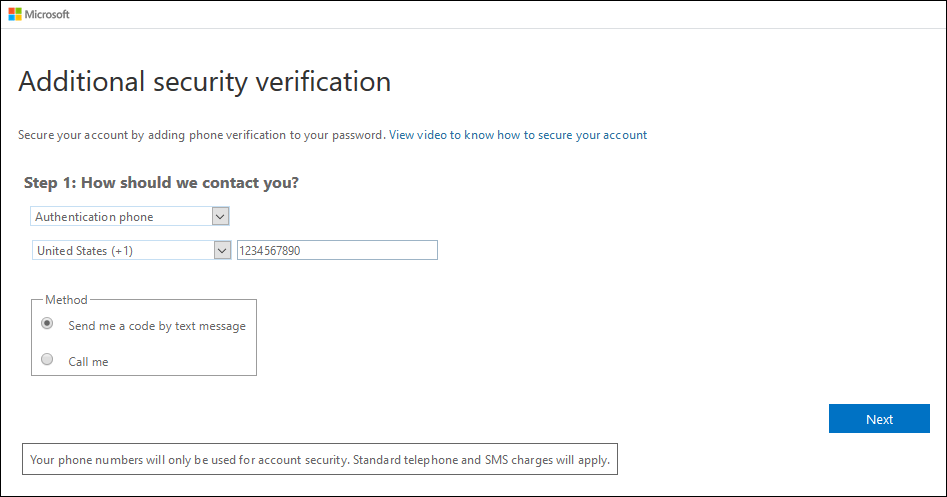 Additional security verification page, with authentication phone and text message