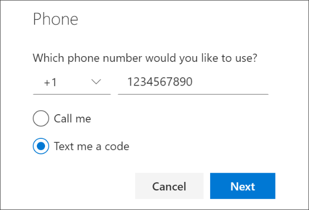 Screenshot that shows the "Phone" page, with "Text me a code" selected.