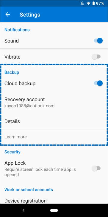 Android settings screen, showing the location of the backup settings