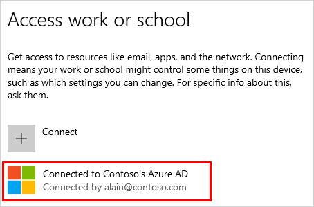 Access work or school screen with connected contoso account