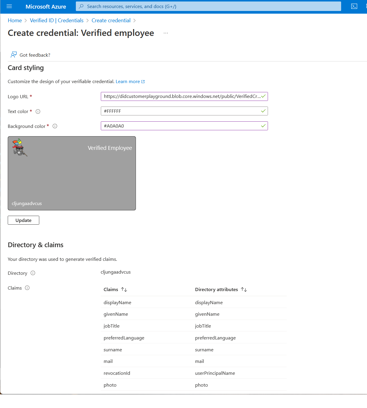 Screenshot of the create credential, verified employee, card styling section.