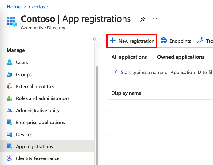 Screenshot that shows how to select a new application registration.