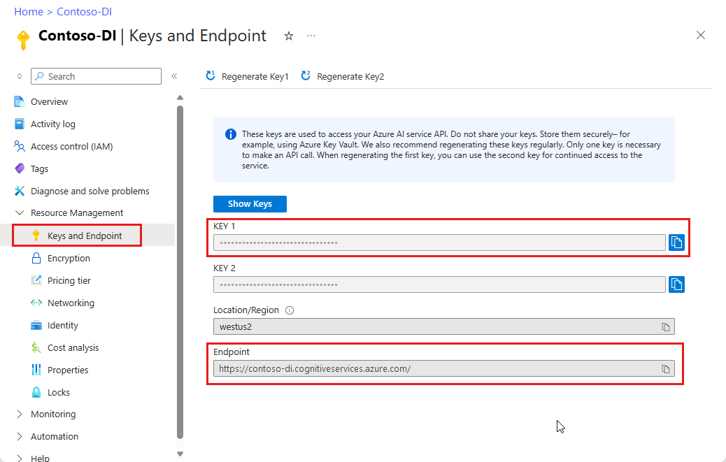 Still photo showing how to access resource key and endpoint URL.