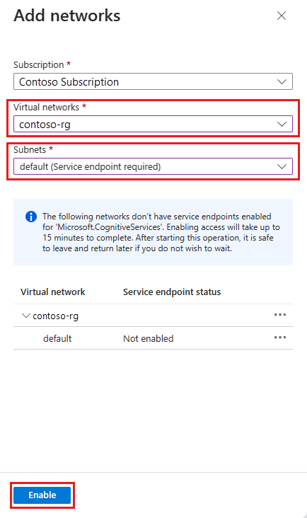 Screenshot shows the Add networks dialog box where you can enter a virtual network and subnet.