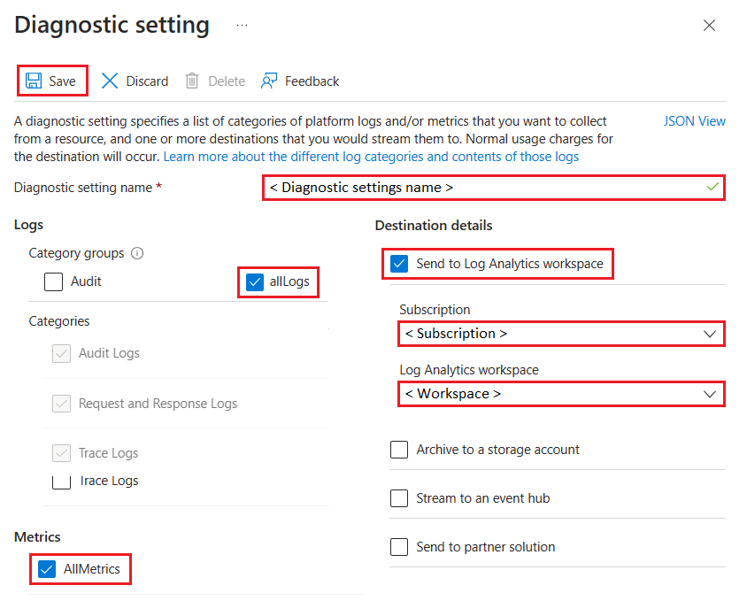 Screenshot that shows how to configure diagnostic settings for an Azure OpenAI resource in the Azure portal.