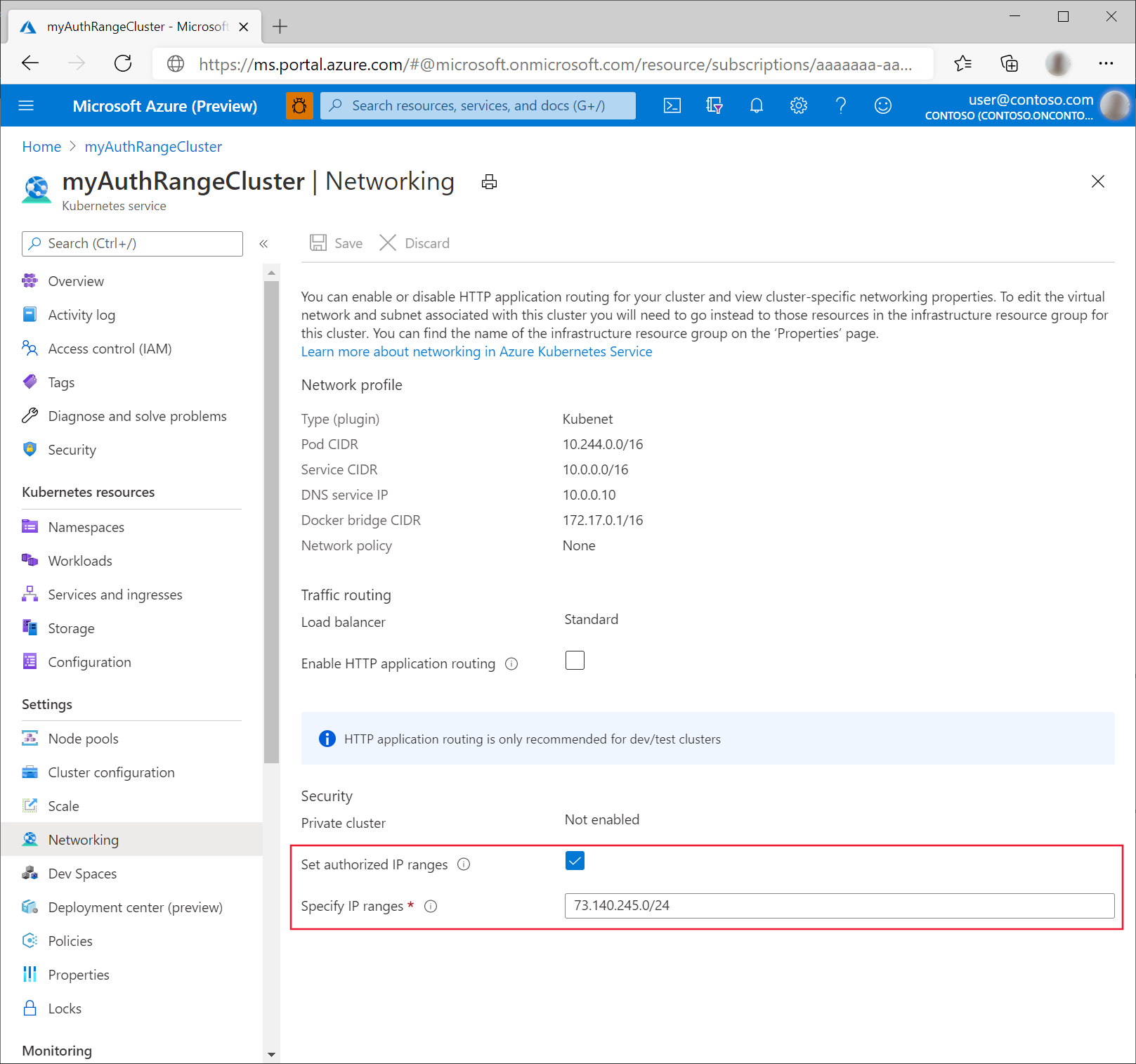 In a browser, shows the cluster resource's networking settings Azure portal page. The options 'set specified IP range' and 'Specified IP ranges' are highlighted.