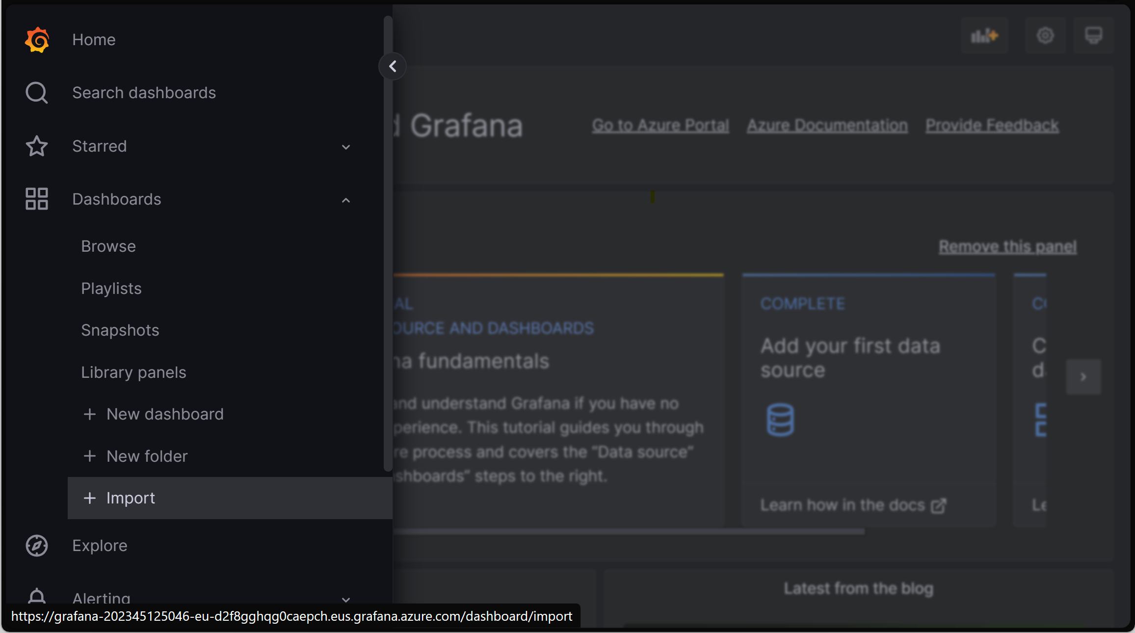 Screenshot of a browser showing the Grafana instance with Import dashboard highlighted.
