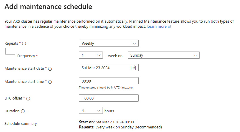 Screenshot that shows the pane for adding a maintenance schedule in the Azure portal.