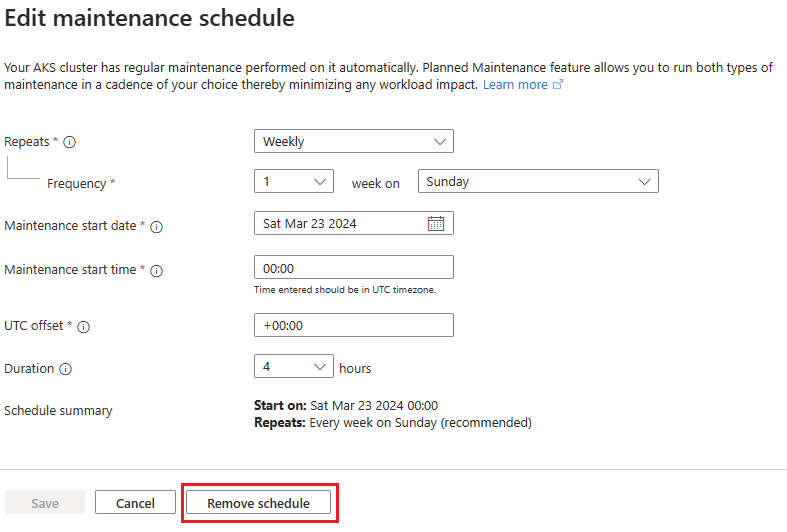 Screenshot shows the Edit maintenance window page with the Remove schedule option in the Azure portal.