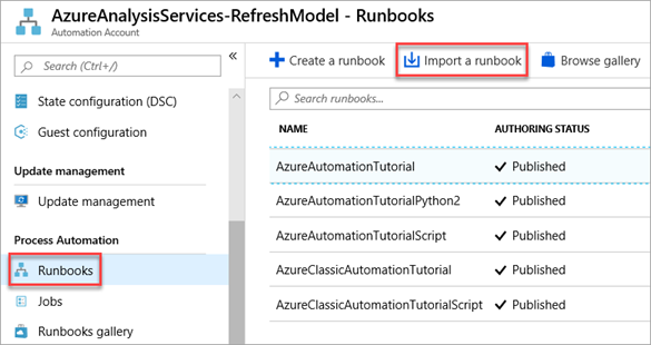 Screenshot that shows the "Runbooks" page with the "Import a runbook" action selected.