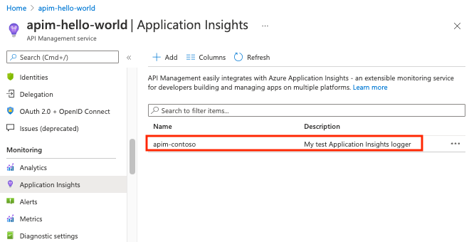 Screenshot that shows where to view the newly created Application Insights logger with instrumentation key