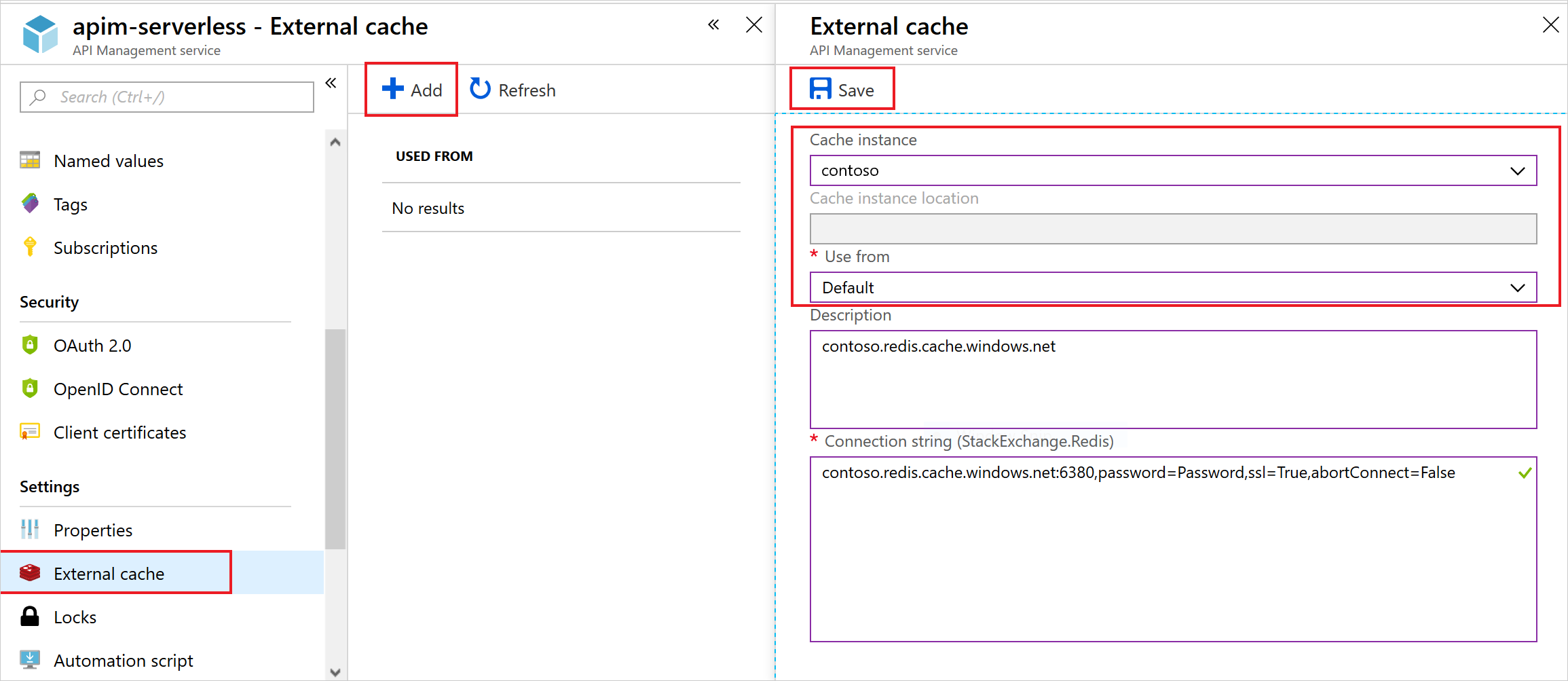 Screenshot that shows how to add an external Azure Cache for Redis in Azure API Management.