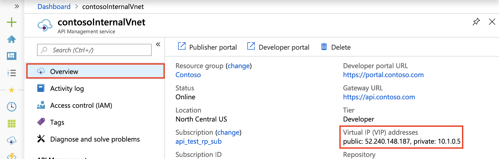Public and private IP addressed in Azure portal