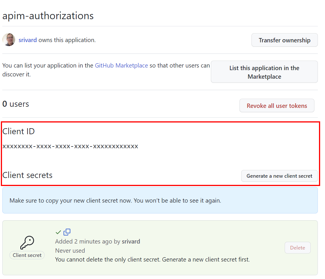 Screenshot showing how to get client ID and client secret for the application in GitHub.