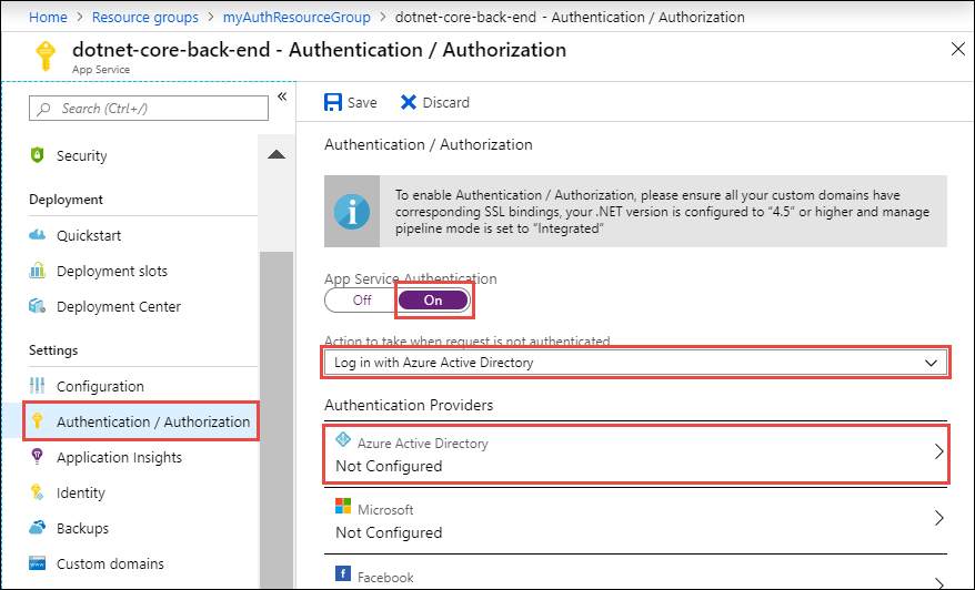 Screenshot of the backend app's left menu showing Authentication/Authorization selected and settings selected in the right menu.