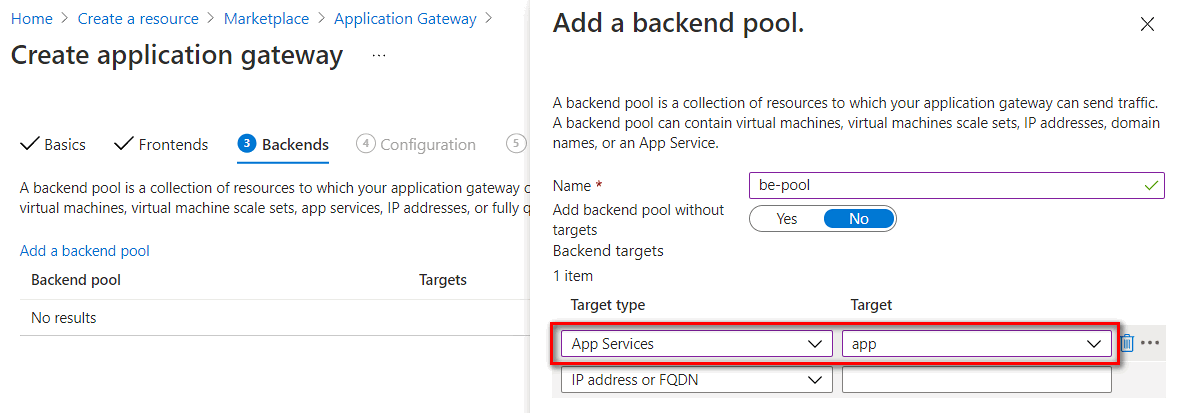 Screenshot of adding a backend pool name in backends setting.