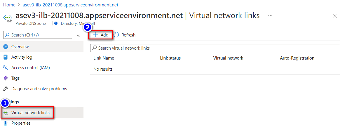 Add a virtual network link to private DNS zone.