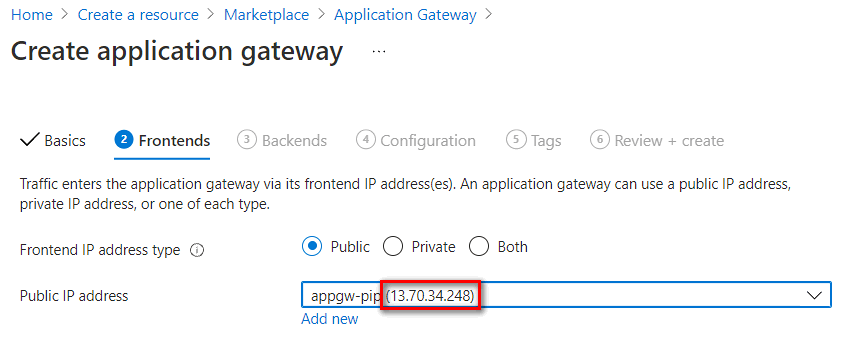 Screenshot of getting a public IP address from the application gateway frontends setting.