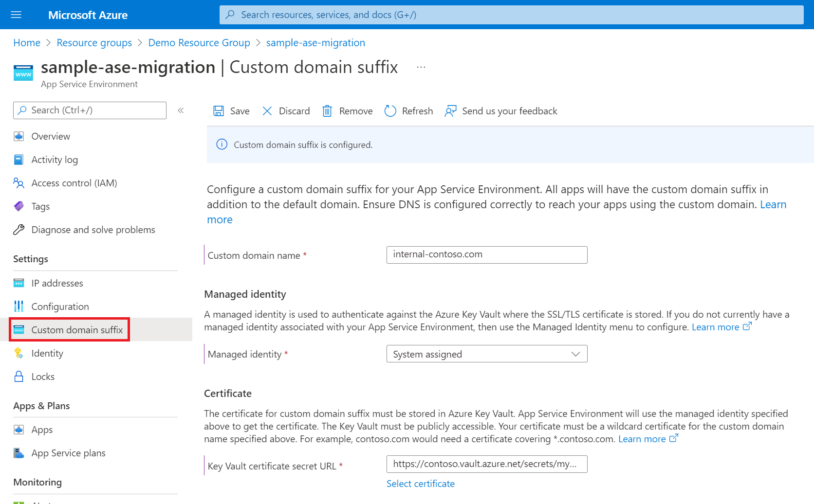 Screenshot that shows the page for custom domain suffix configuration for App Service Environment v3.
