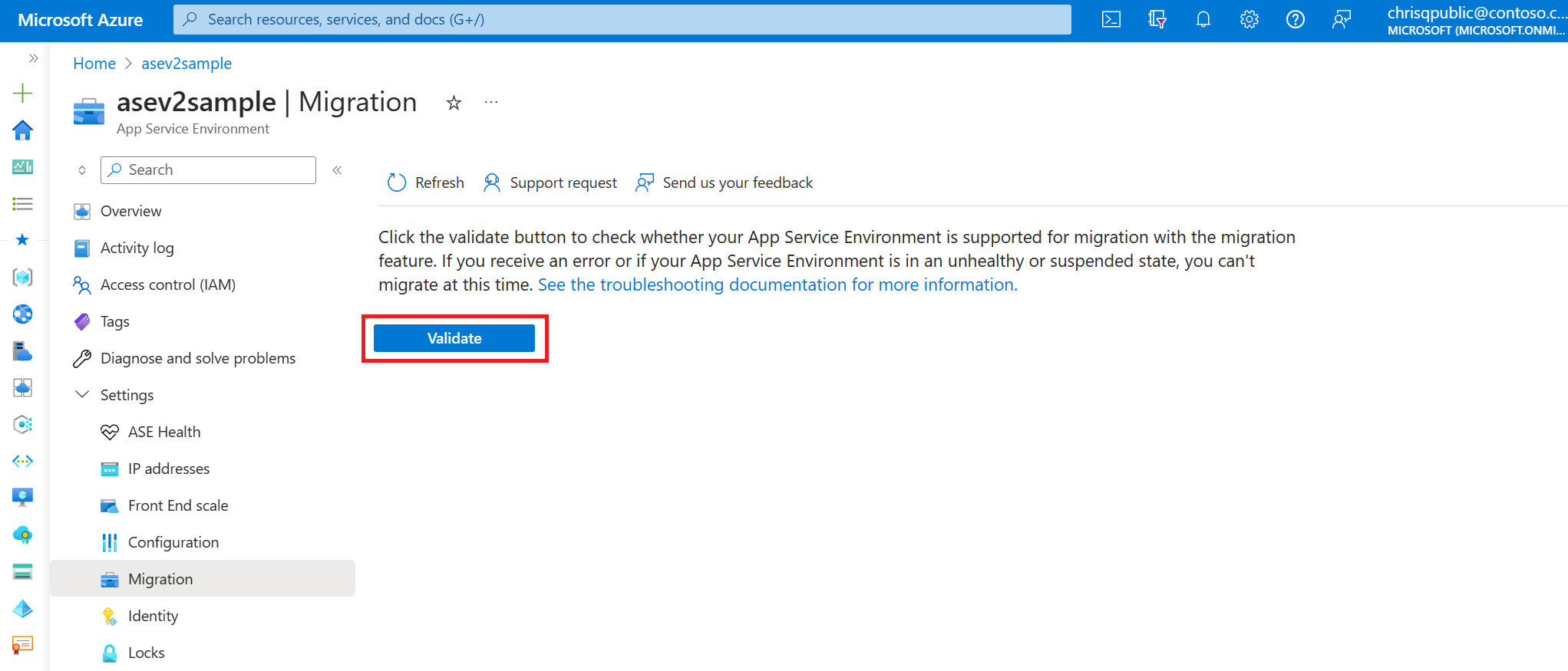 Screenshot that shows the button for validating migration eligibility.